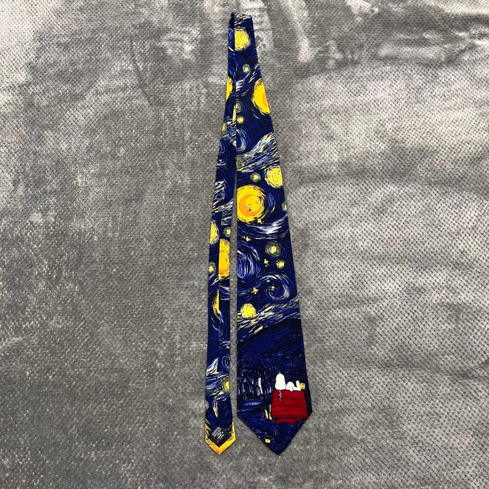 Peanuts Snoopy Starry Night Silk Tie Van Gogh Art Blue Yellow Mens Necktie